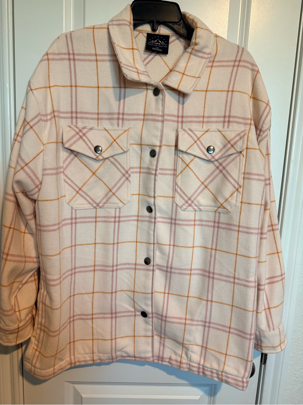 HFX Cozy Plaid Shacket Jacket in Cream with Pink & Mustard Accents